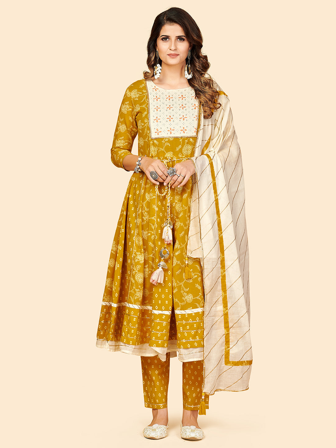 Women's Printed & Thread Work Anarkali Cotton Yellow Stitched Kurta Pant With Dupatta - Vbuyz