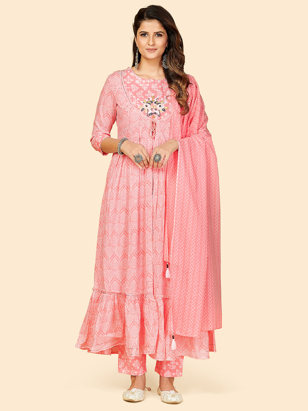 Women's Printed & Thread Work Flare Cotton Light Pink Stitched Kurta Set (Pack Of 4) - Vbuyz