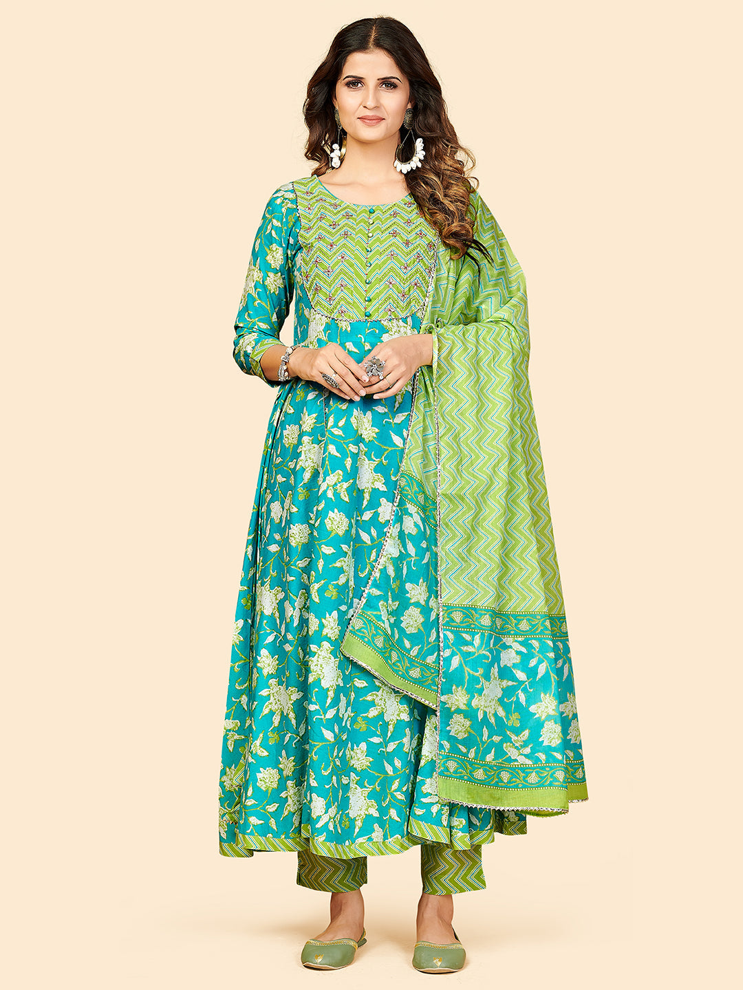 Women's Printed & Embroidered Anarkali Cotton Aqua Stitched Kurta Pant With Dupatta - Vbuyz