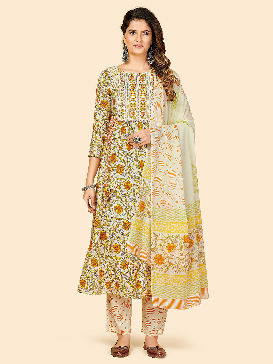 Women's Printed & Embroidered Anarkali Cotton Yellow Stitched Kurta Pant With Dupatta - Vbuyz