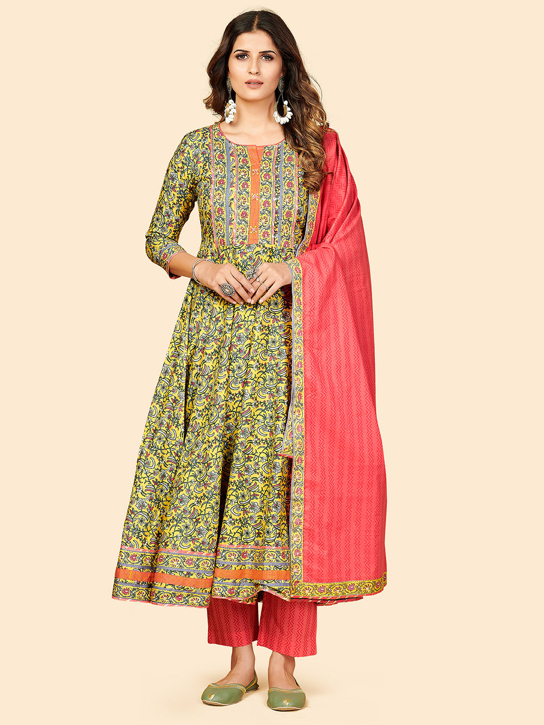 Women's Yellow Anarkali Cotton Kurta With Pant & Dupatta By Vbuyz (3Pcs Set)