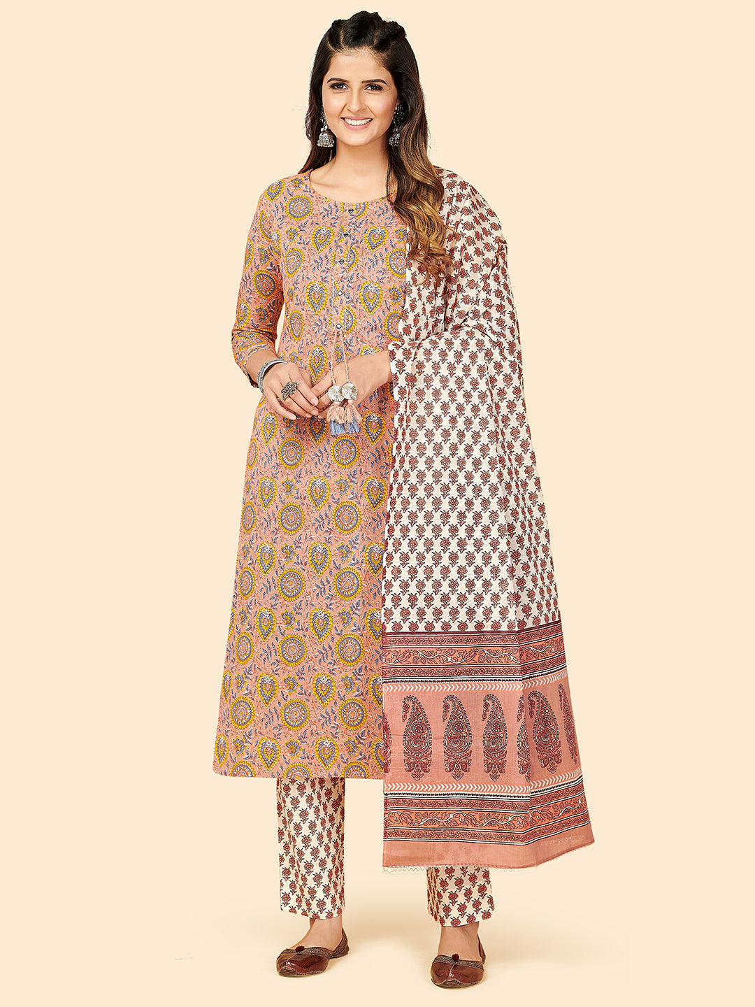 Women's Printed & Sequience Work Straight Cotton Beige Stitched Kurta Pant With Dupatta - Vbuyz