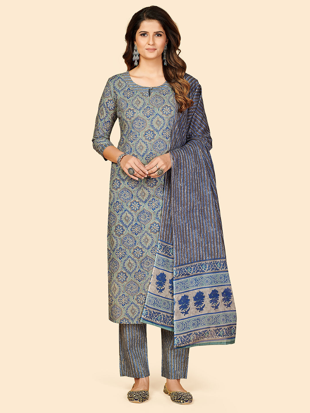 Women's Printed & Gota Patti Work Straight Cotton Blue Stitched Kurta Pant With Dupatta - Vbuyz