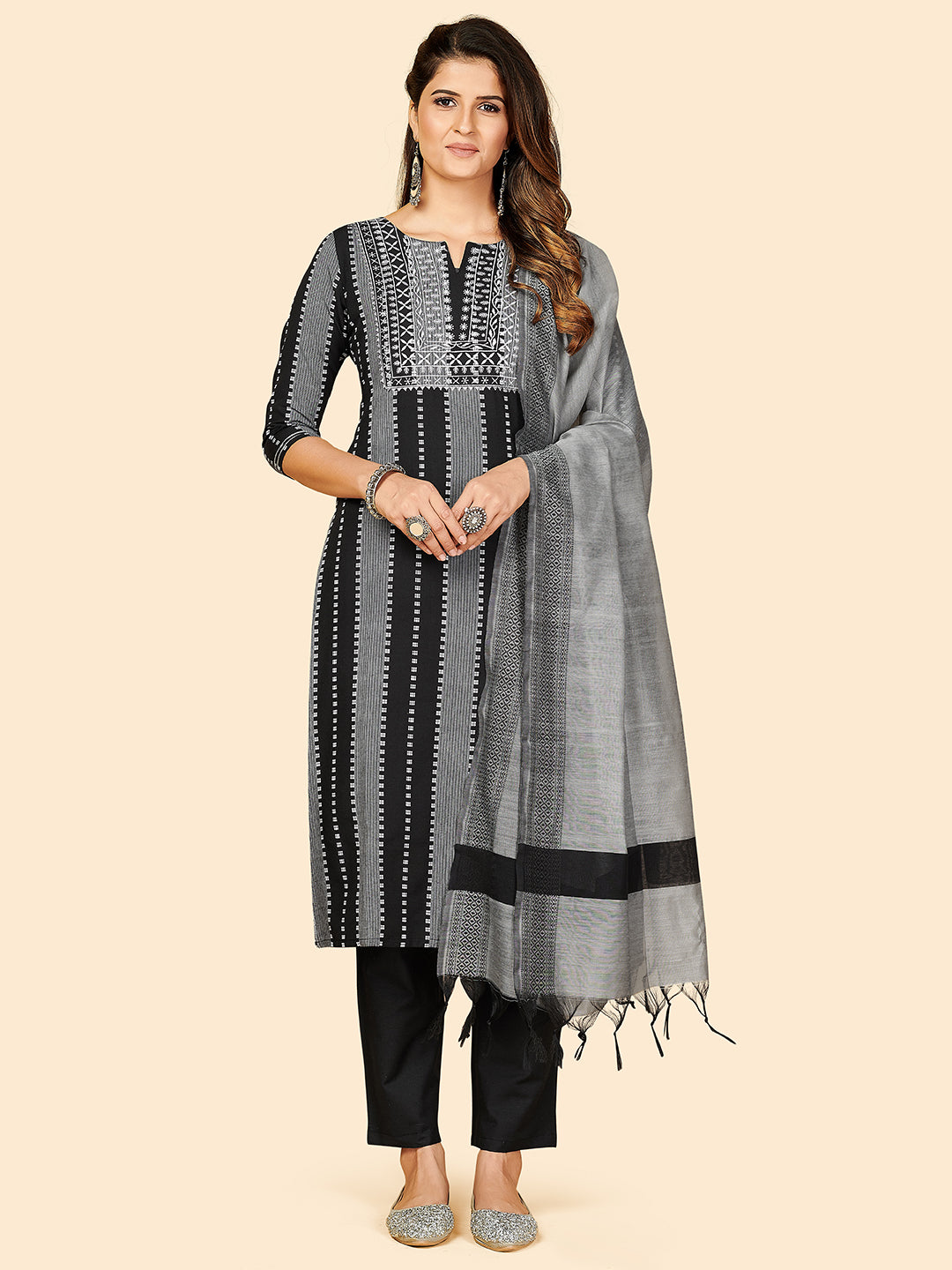 Women's Black Cotton Kurta With Pant & Dupatta By Vbuyz (3Pcs Set)