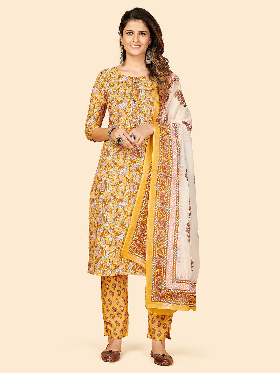 Women's Printed & Sequience Work Straight Cotton Yellow Stitched Kurta Pant With Dupatta - Vbuyz