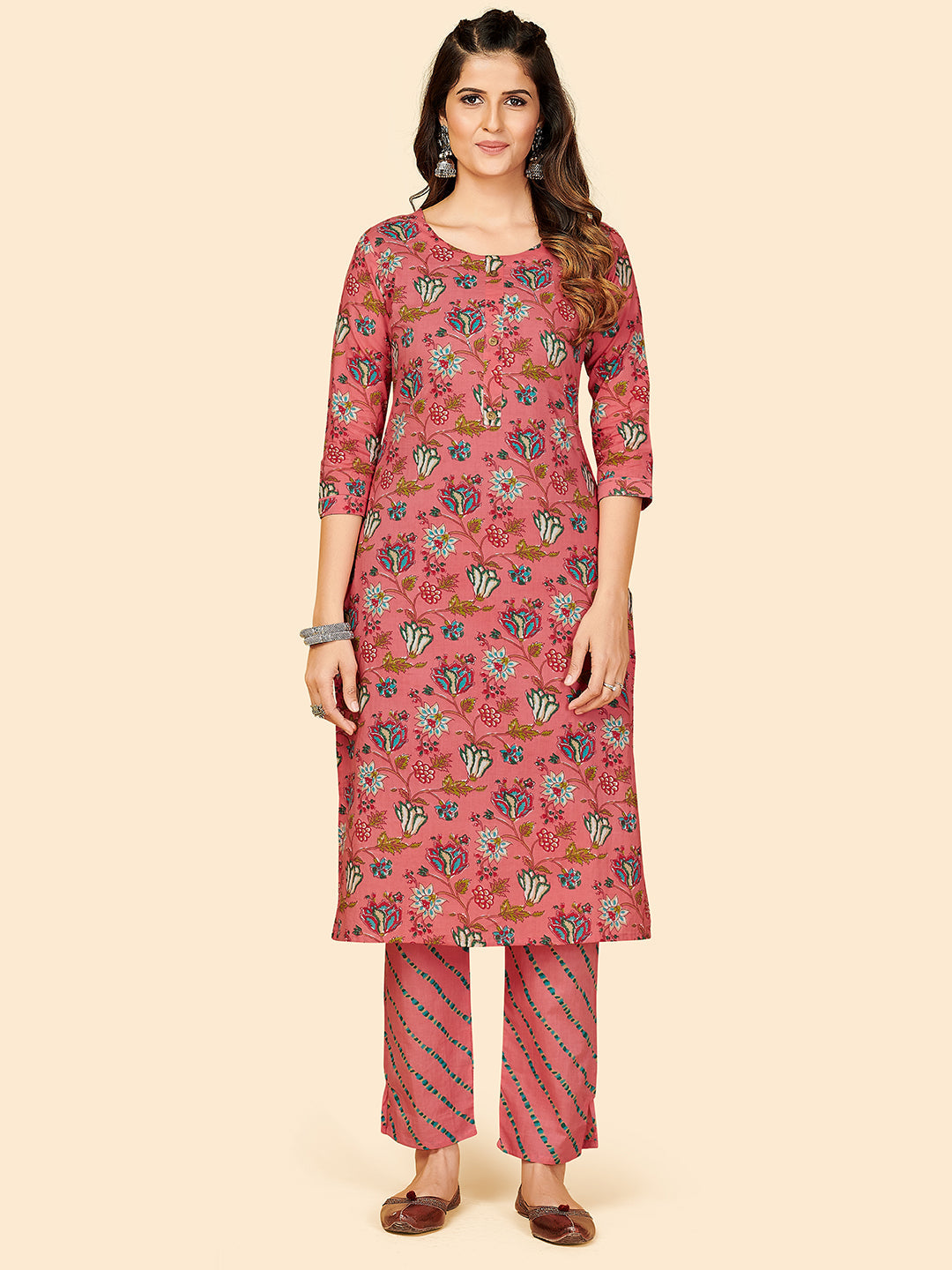 Women's Rust Pink Cotton Kurta With Pant By Vbuyz (2Pcs Set)