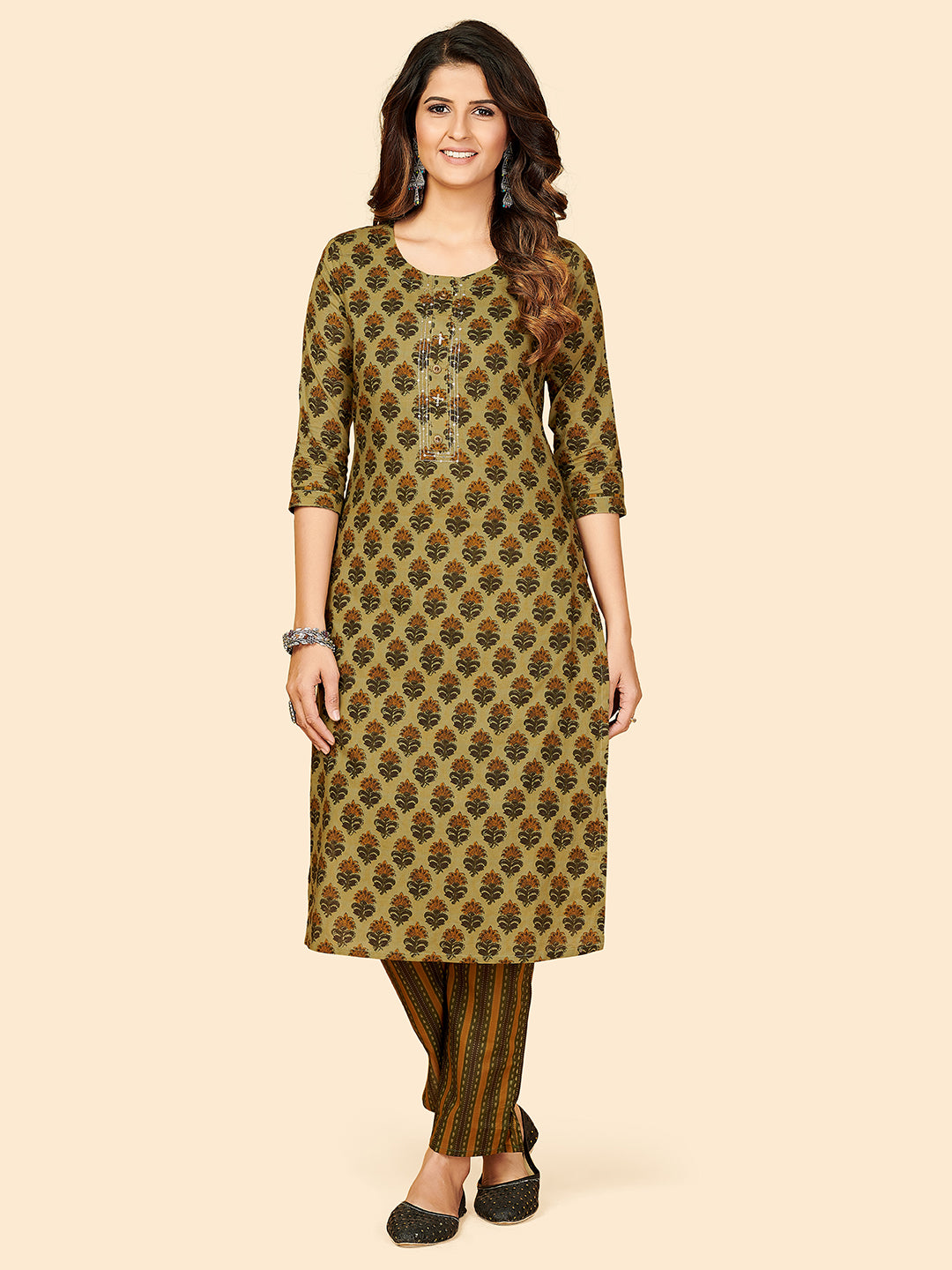 Women's Printed & Sequience Work Straight Cotton Olive Green Stitched Kurta With Pant - Vbuyz