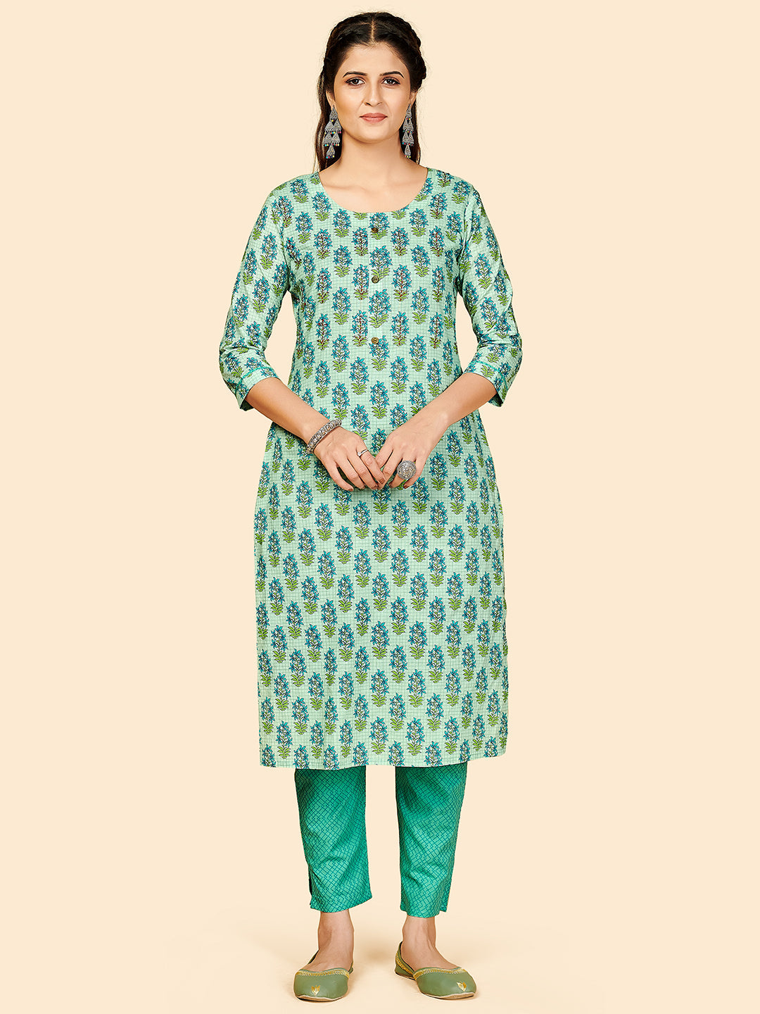 Women's Printed & Hand Work Straight Cotton Turquoise Stitched Kurta With Pant - Vbuyz