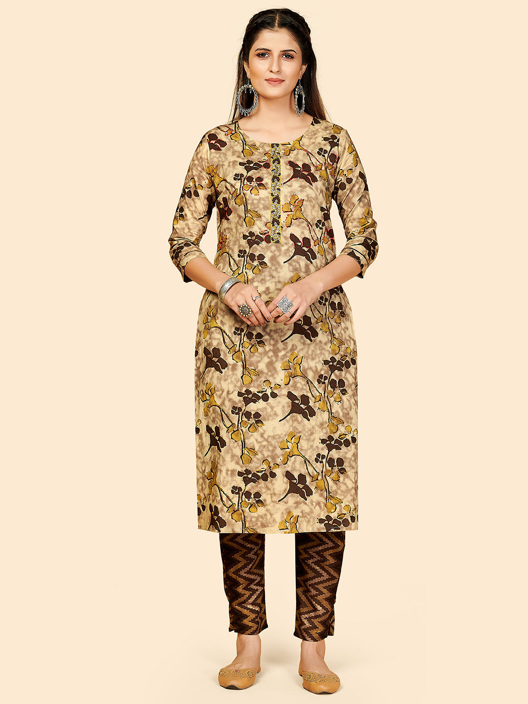 Women's Printed & Hand Work Straight Cotton Beige Stitched Kurta With Pant - Vbuyz