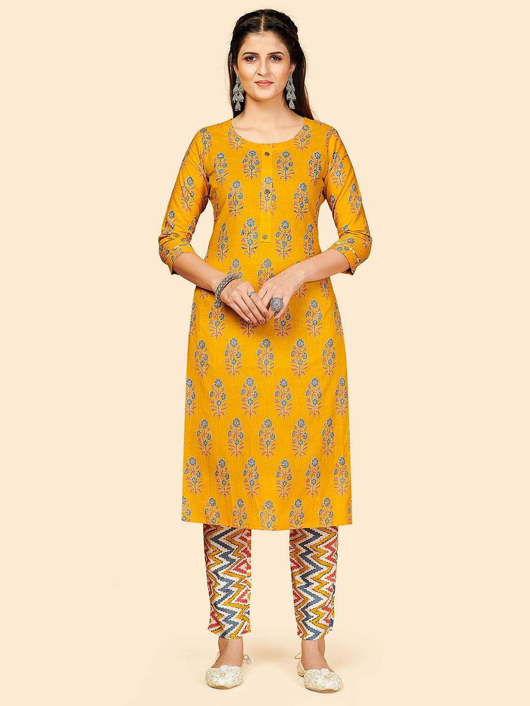 Women's Printed & Hand Work Straight Cotton Yellow Stitched Kurta With Pant - Vbuyz