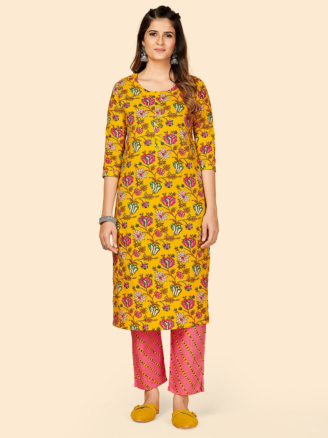 Women's Printed & Hand Work Straight Cotton Yellow Stitched Kurta With Pant - Vbuyz