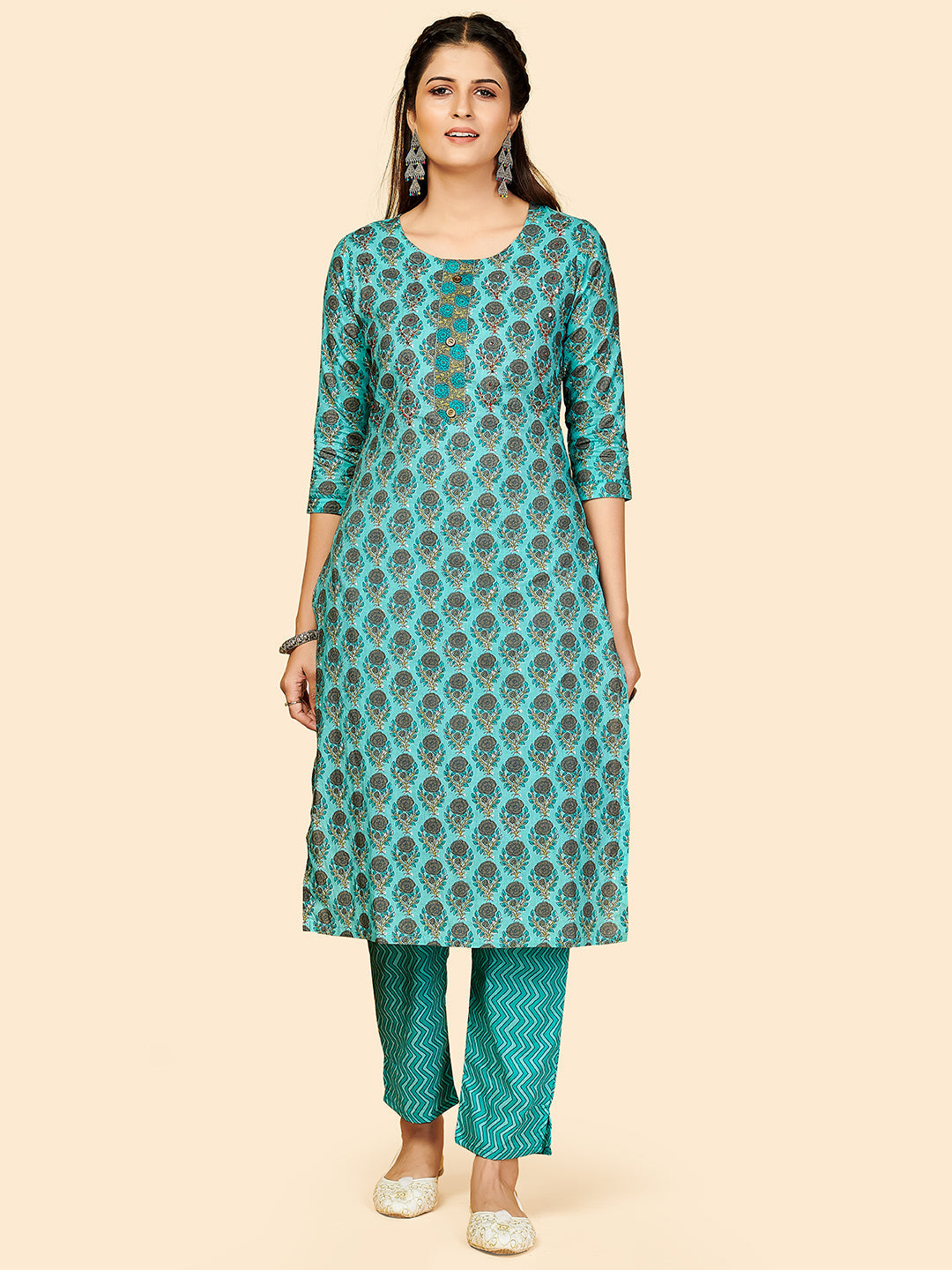 Women's Printed & Hand Work Straight Cotton Turquoise Stitched Kurta With Pant - Vbuyz