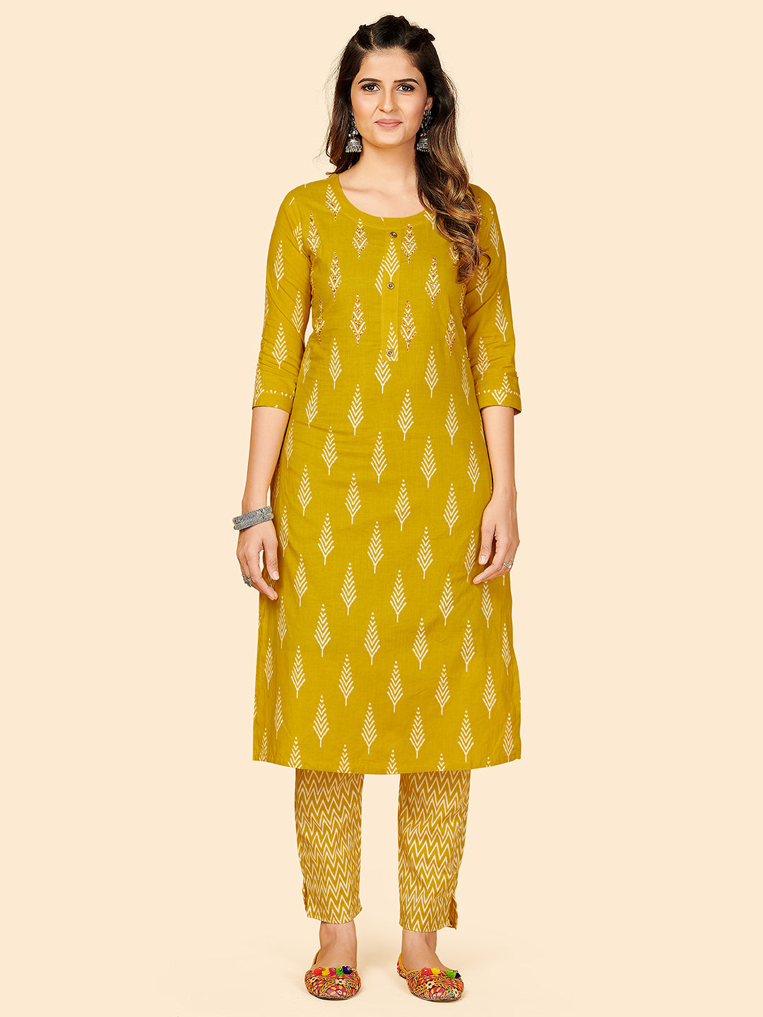 Women's Printed & Hand Work Straight Cotton Yellow Stitched Kurta With Pant - Vbuyz