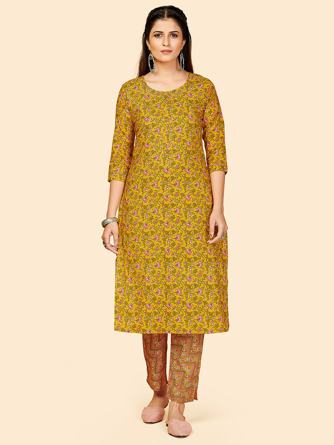 Women's Floral Print Straight Cotton Yellow Stitched Kurta With Pant - Vbuyz