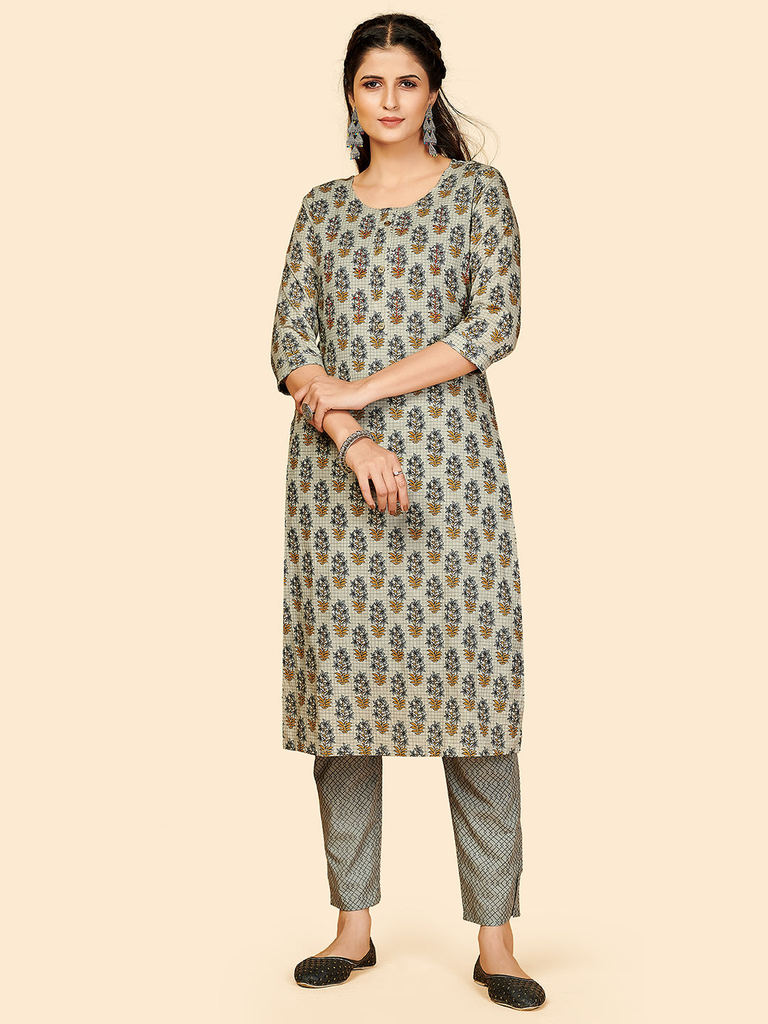 Women's Printed & Hand Work Straight Cotton Grey Stitched Kurta With Pant - Vbuyz