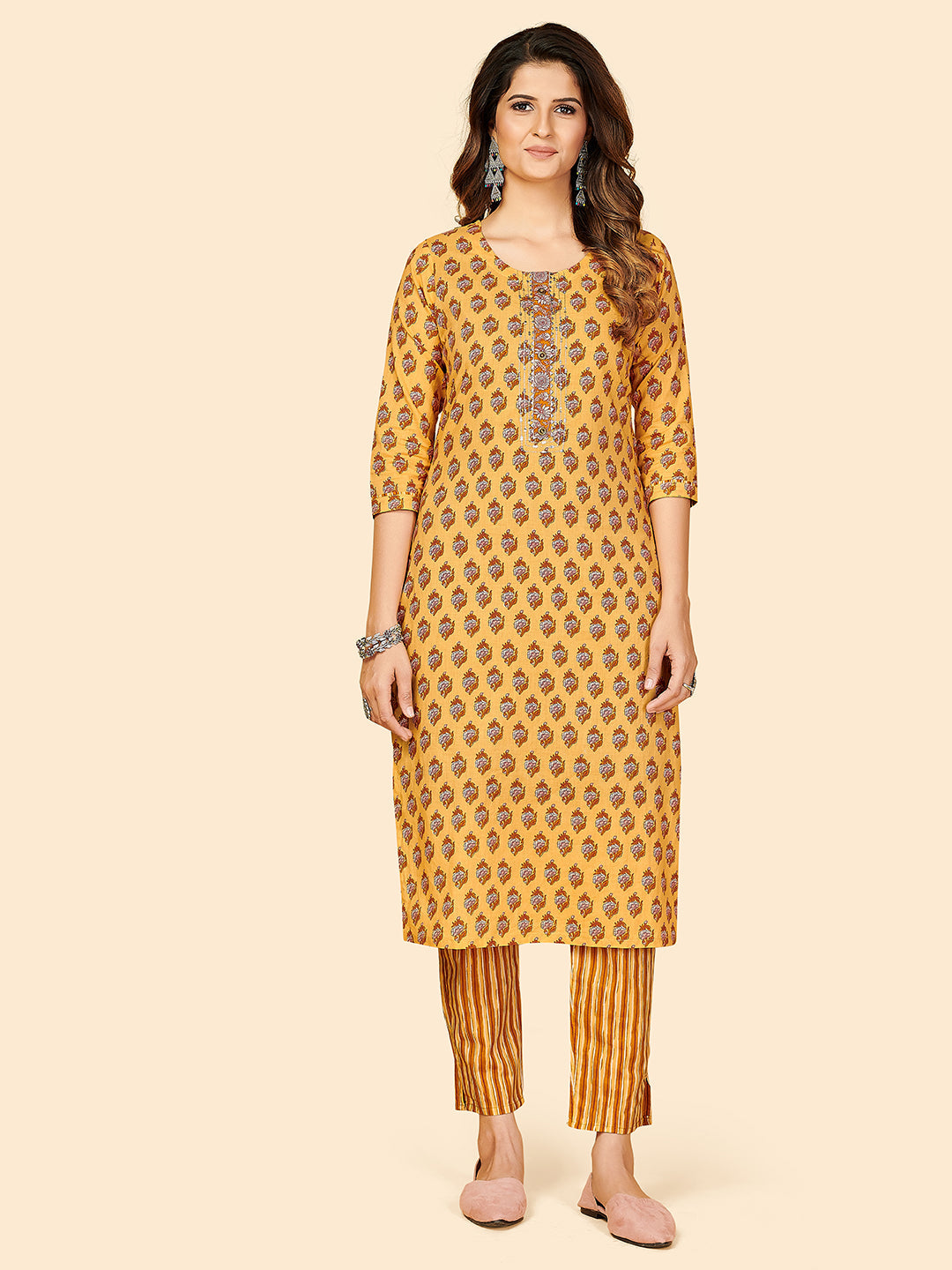 Women's Printed & Sequience Work Straight Cotton Yellow Stitched Kurta With Pant - Vbuyz