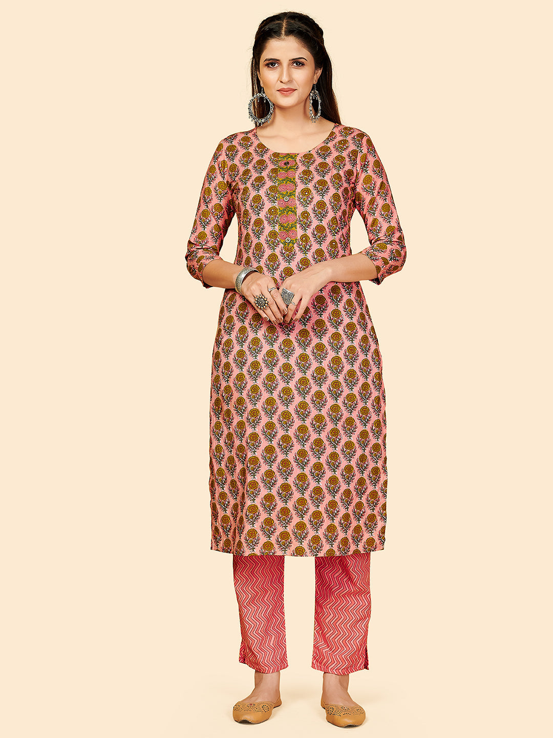 Women's Printed & Hand Work Straight Cotton Light Pink Stitched Kurta With Pant - Vbuyz