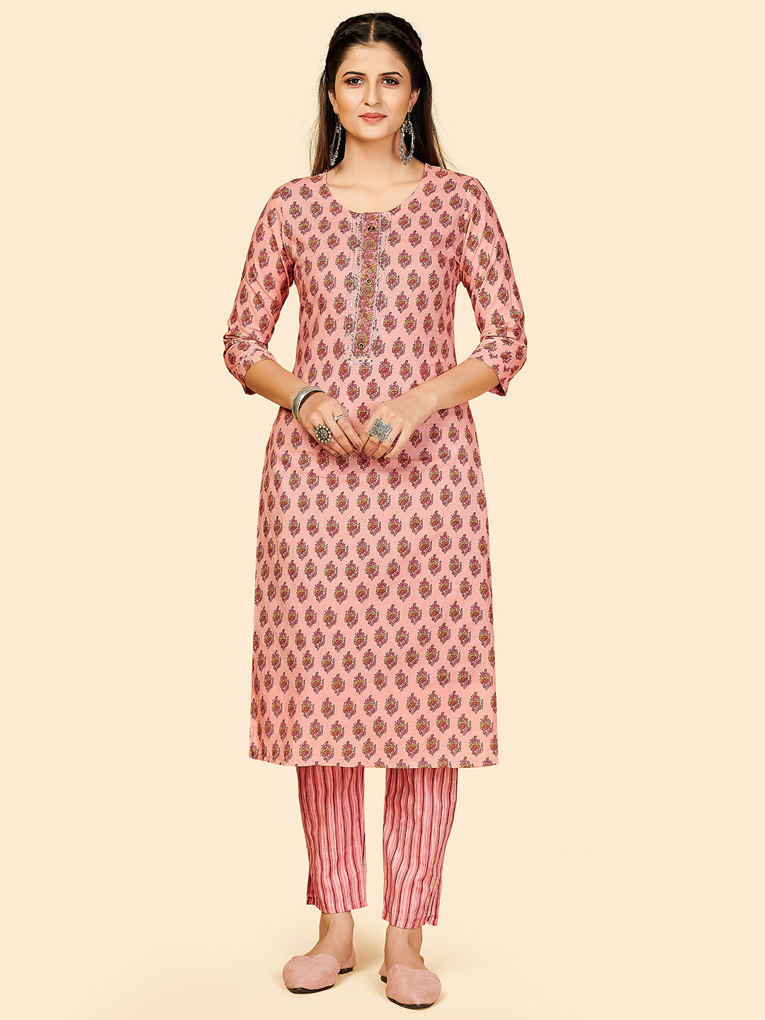 Women's Printed & Hand Work Straight Cotton Light Pink Stitched Kurta With Pant - Vbuyz