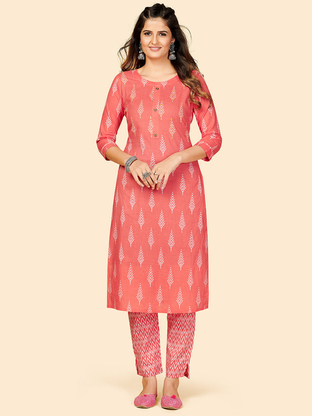 Women's Printed & Sequience Work Straight Cotton Coral Stitched Kurta With Pant - Vbuyz