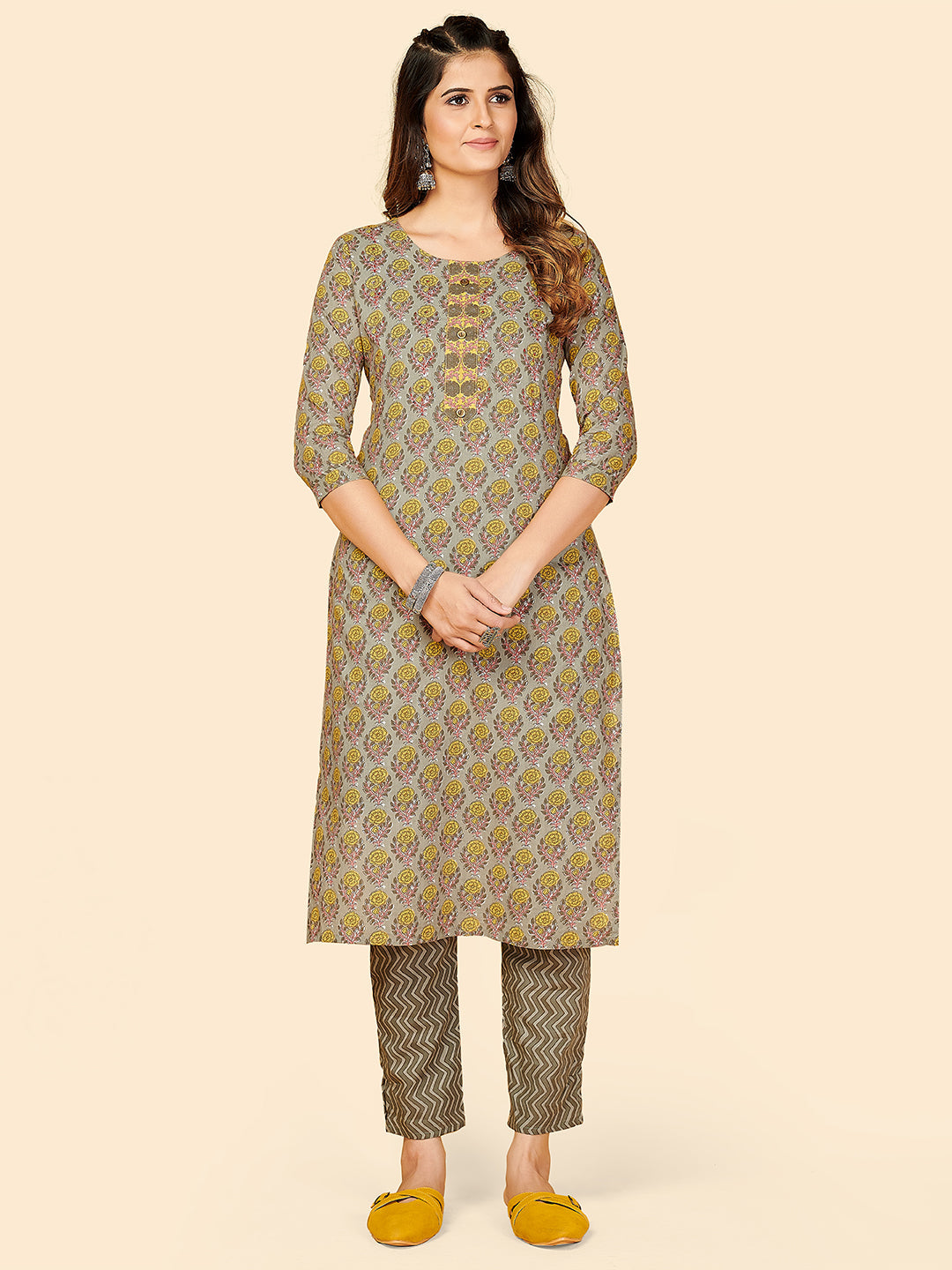 Women's Printed & Hand Work Straight Cotton Grey Stitched Kurta With Pant - Vbuyz