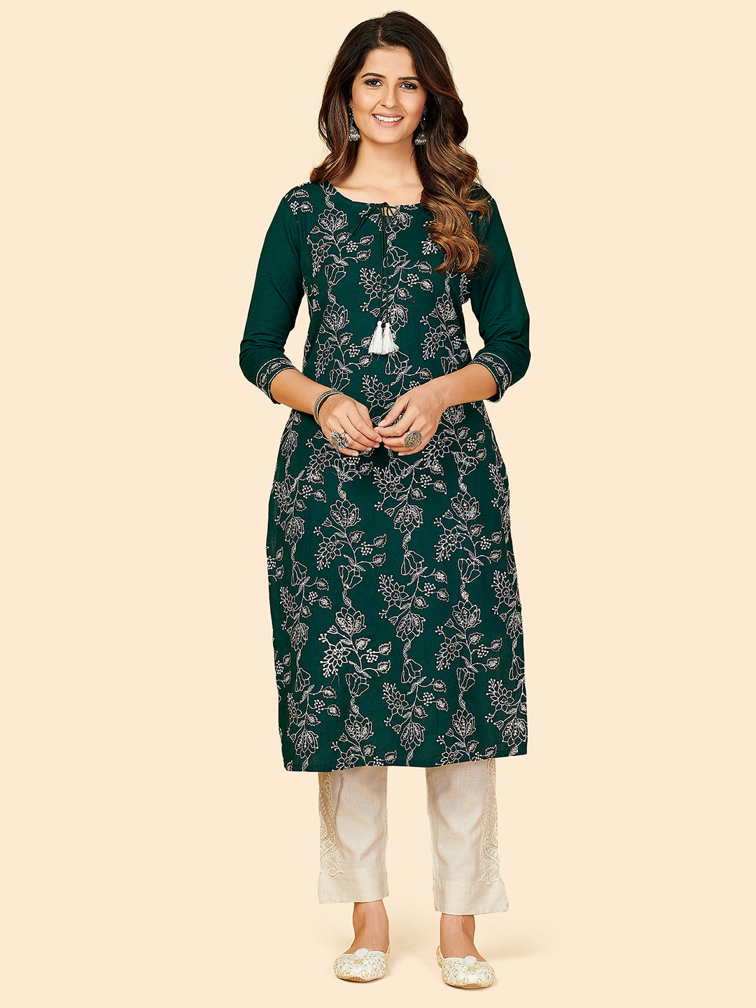 Women's Embroidered & Sequience Work Straight Cotton Dark Green Stitched Kurta - Vbuyz