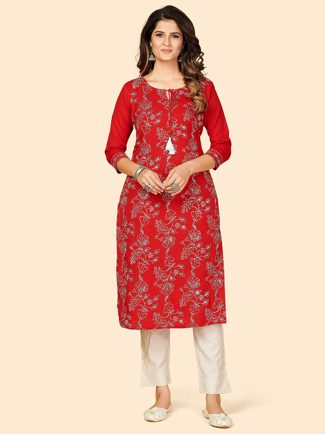 Women's Red Cotton Kurta By Vbuyz (1Pc)