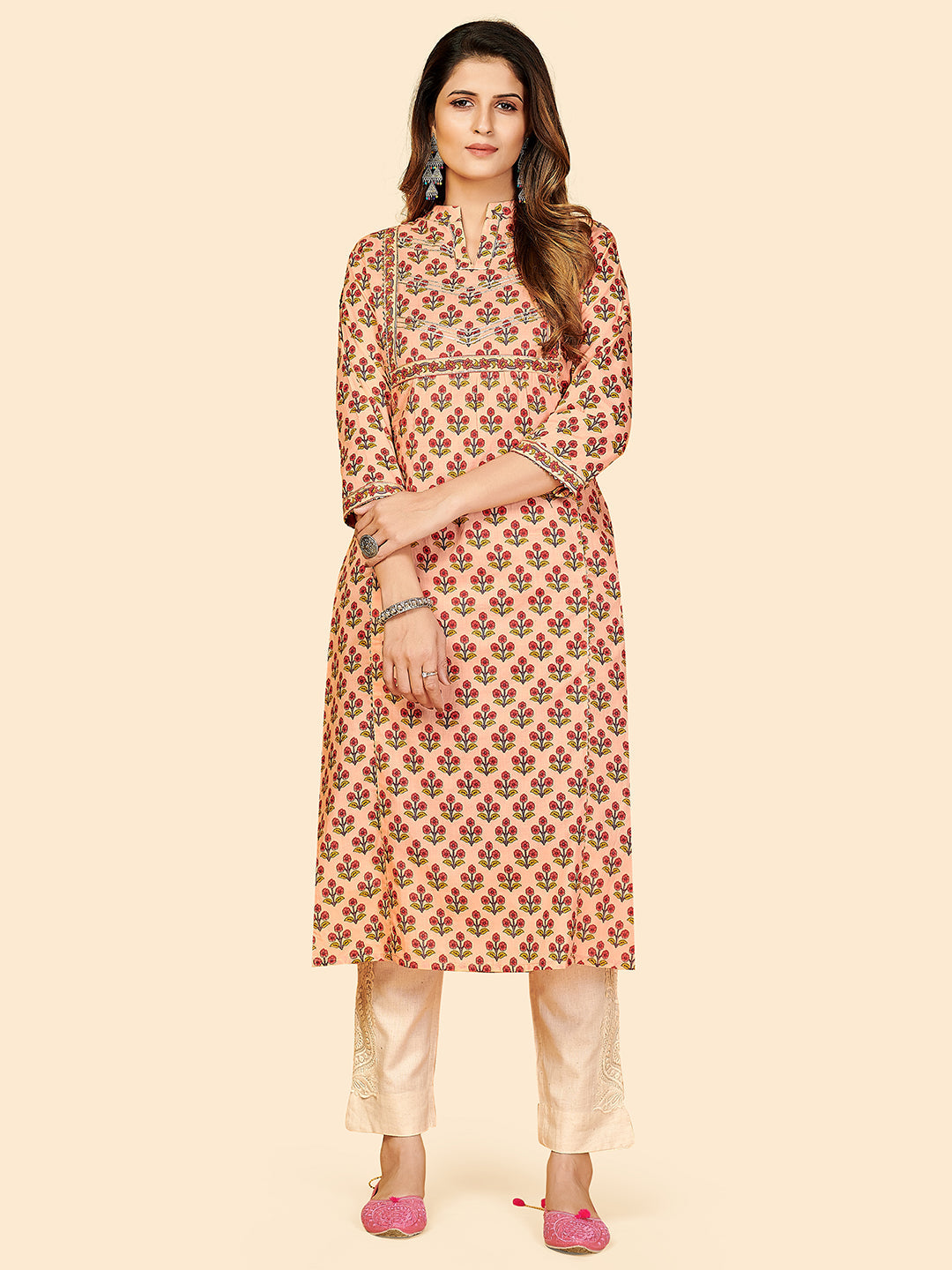 Women's Peach Cotton Kurta By Vbuyz (1Pc)