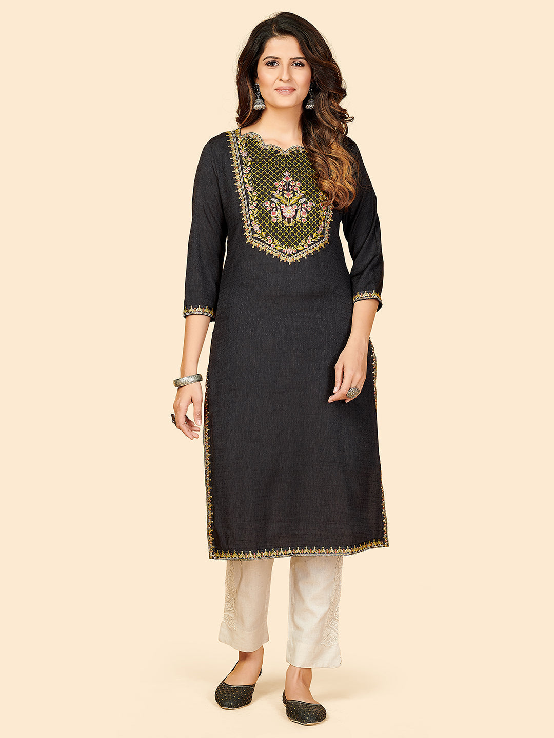 Women's Embroidered Straight Rayon Dark Grey Stitched Kurta - Vbuyz