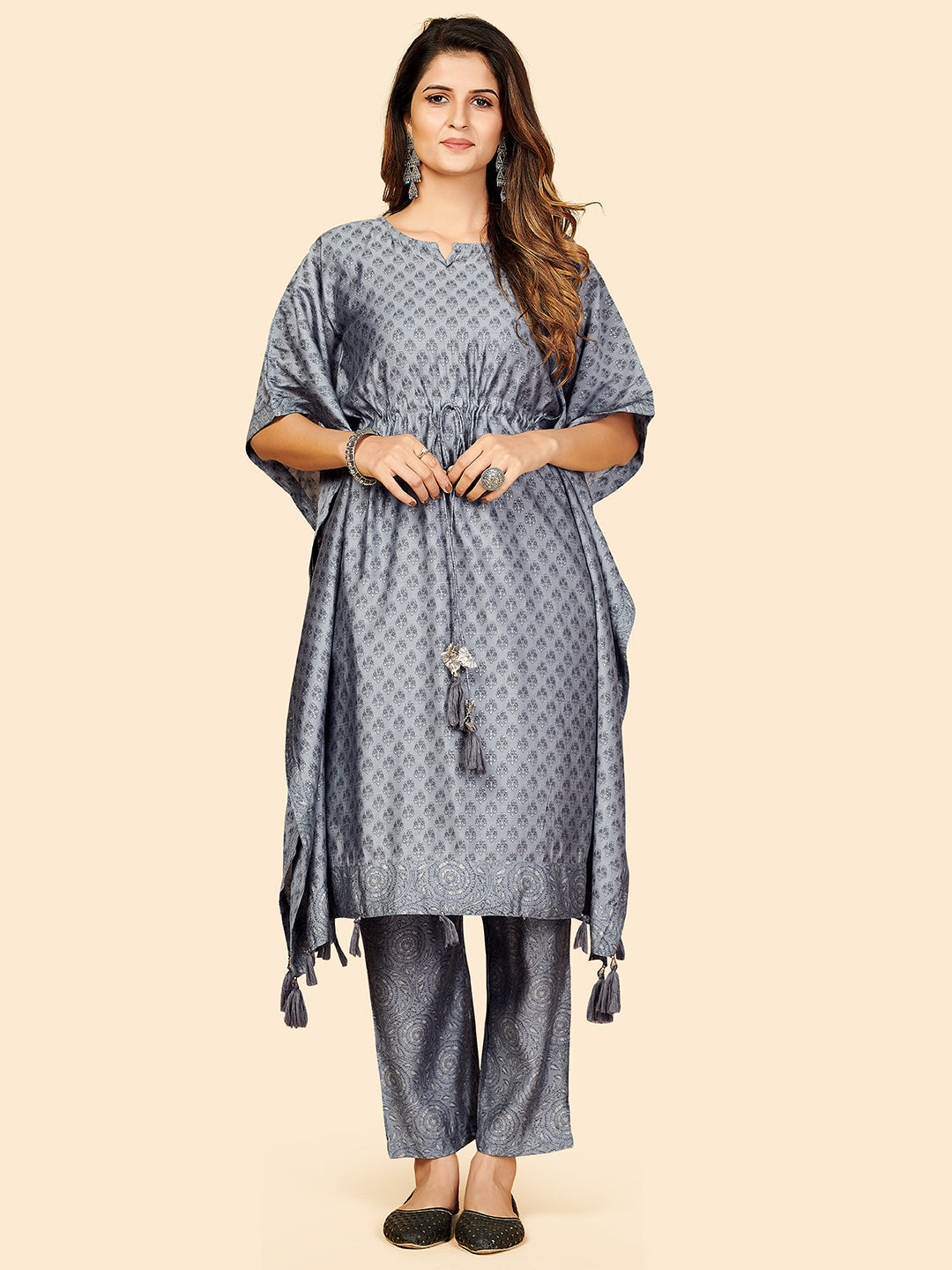 Women's Printed  Muslin Grey Stitched Kaftan Kurta With Pant Set - Vbuyz