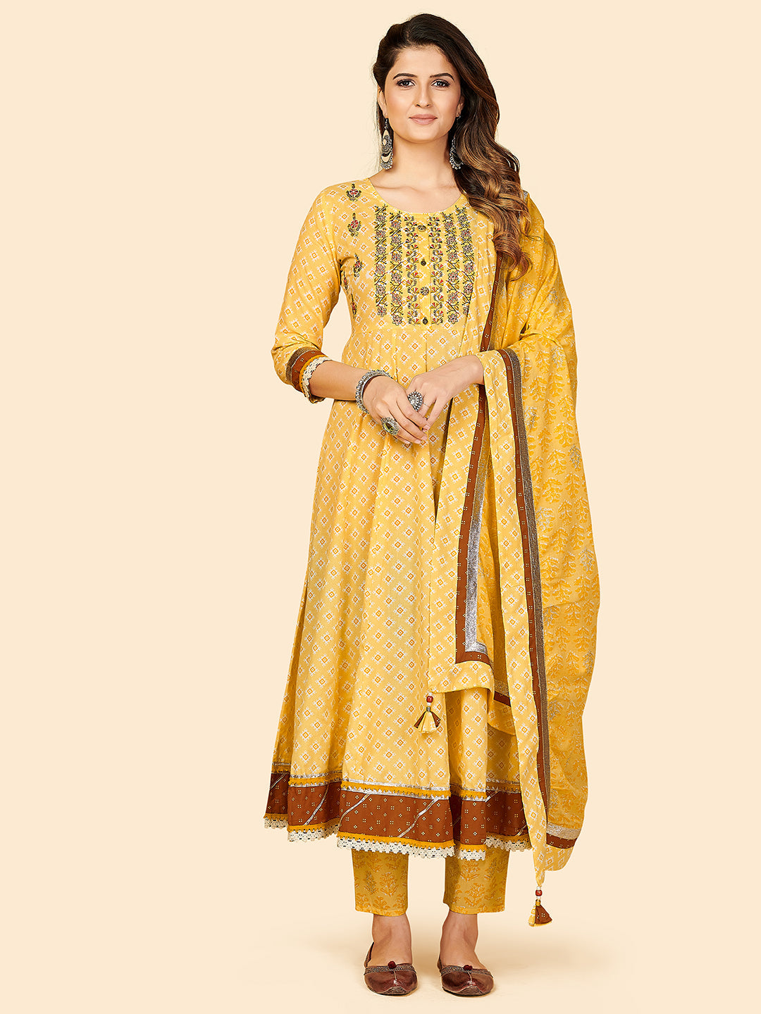 Women's Yellow Anarkali Cotton Kurta With Pant & Dupatta By Vbuyz (3Pcs Set)