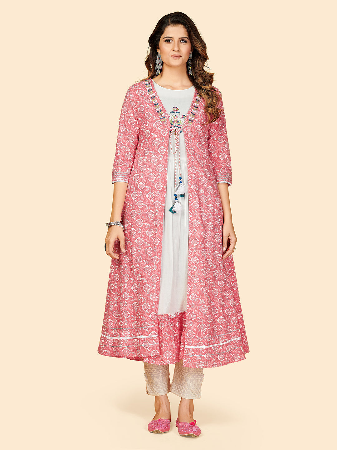 Women's Printed & Embroidered Flared Cotton Pink Stitched Kurta With Shrug - Vbuyz