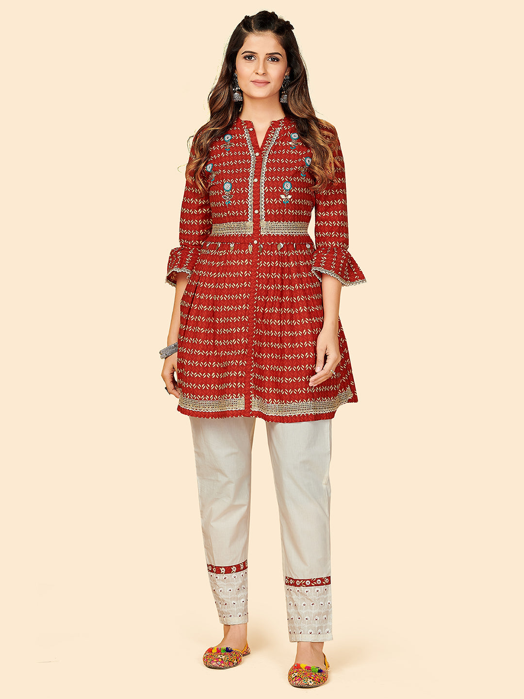 Women's Printed & Beads Work Flared Cotton Red Stitched Top With Pant - Vbuyz