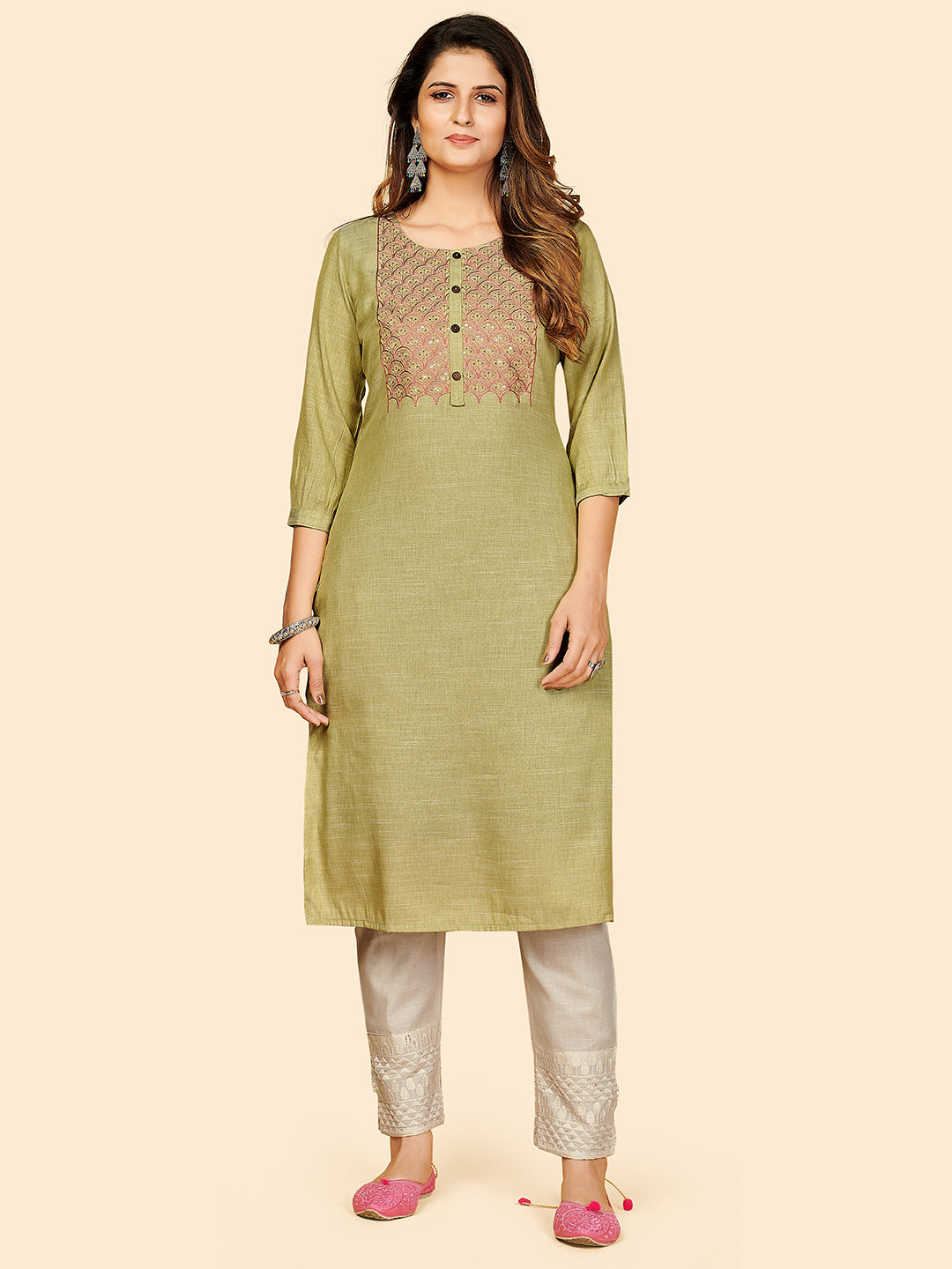 Women's Solid & Sequience Work Straight Rayon Green Stitched Kurta - Vbuyz