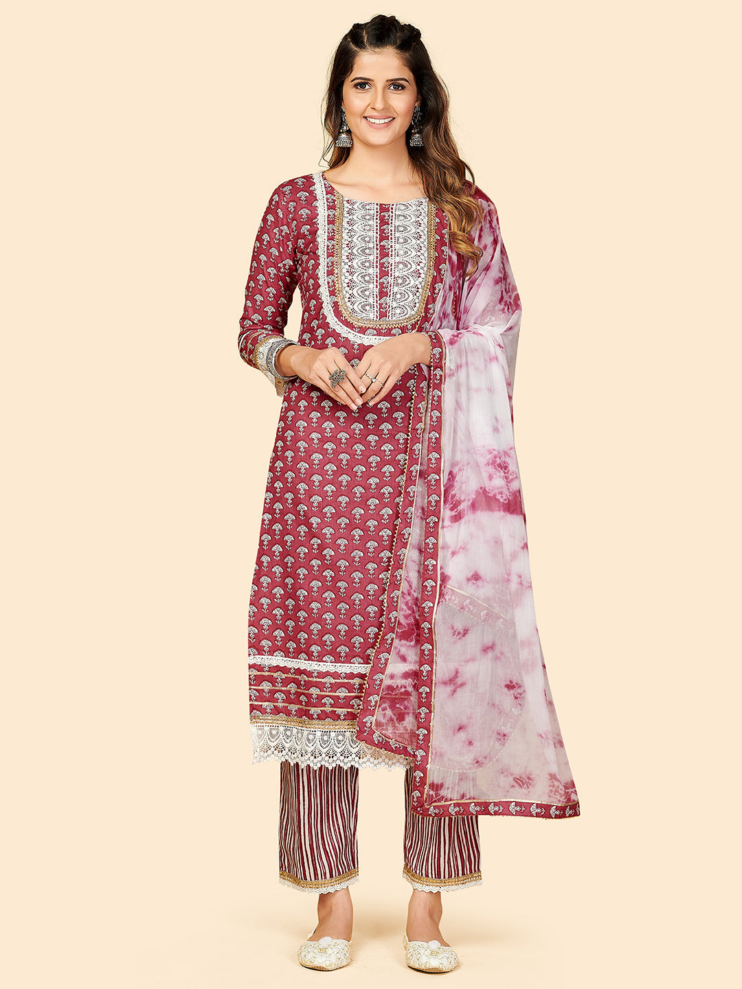 Women's Printed & Lace Work Straight Cotton Magenta Stitched Kurta Pant With Dupatta - Vbuyz