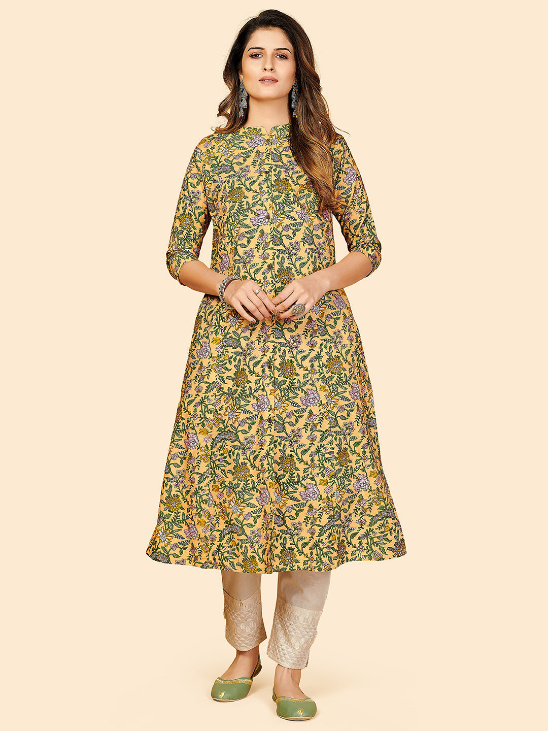 Women's Floral Print A-Line Cotton Yellow Stitched Kurta - Vbuyz