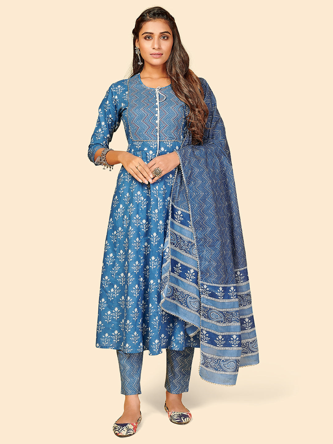 Women's Printed & Hand Work Anarkali Cotton Blue Stitched Kurta Pant With Dupatta - Vbuyz