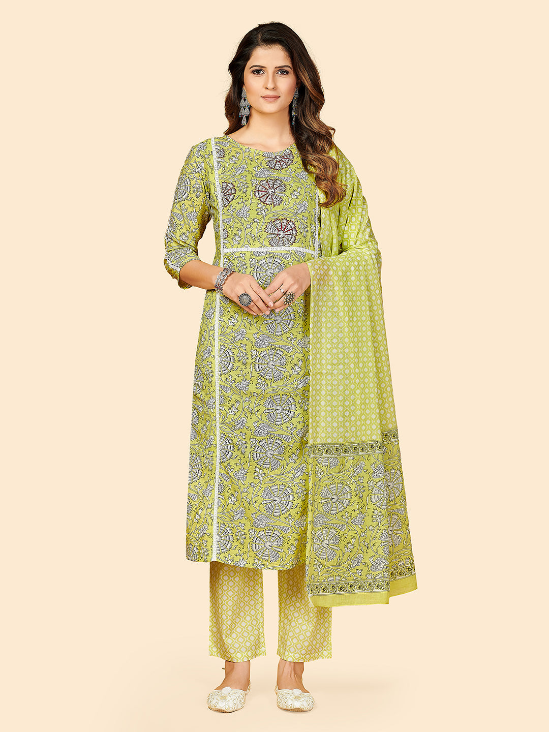 Women's Printed & Embroidered Straight Cotton Parrot Green Stitched Kurta Pant With Dupatta - Vbuyz