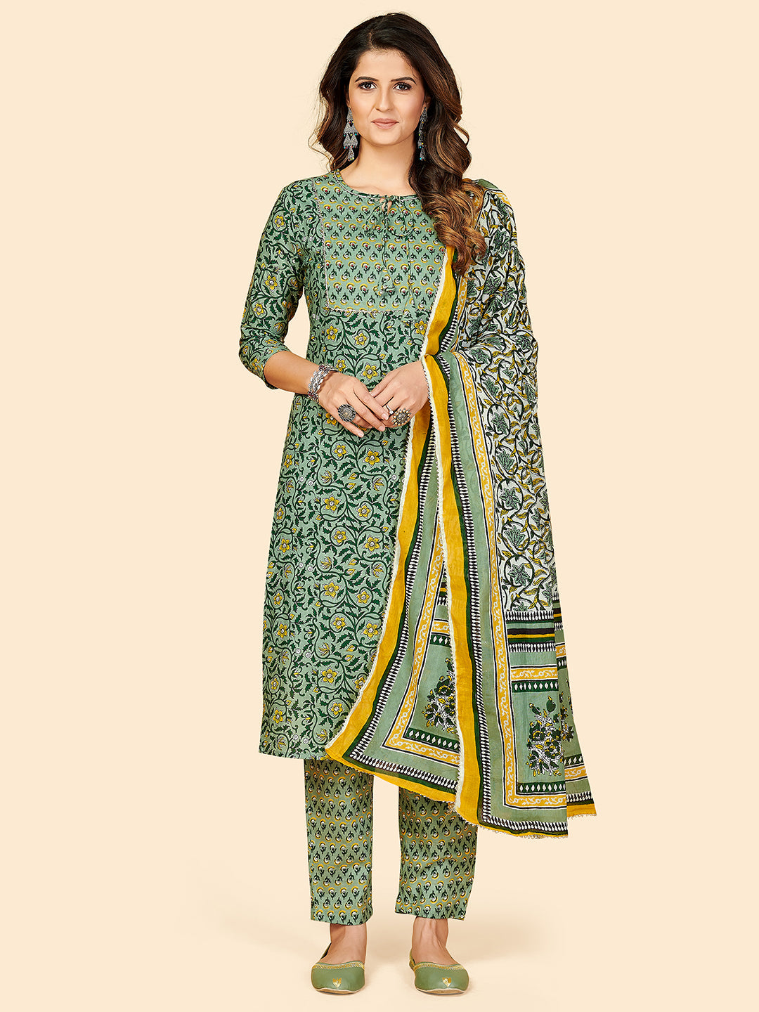 Women's Printed & Sequience Work Straight Cotton Green Stitched Kurta Pant With Dupatta - Vbuyz