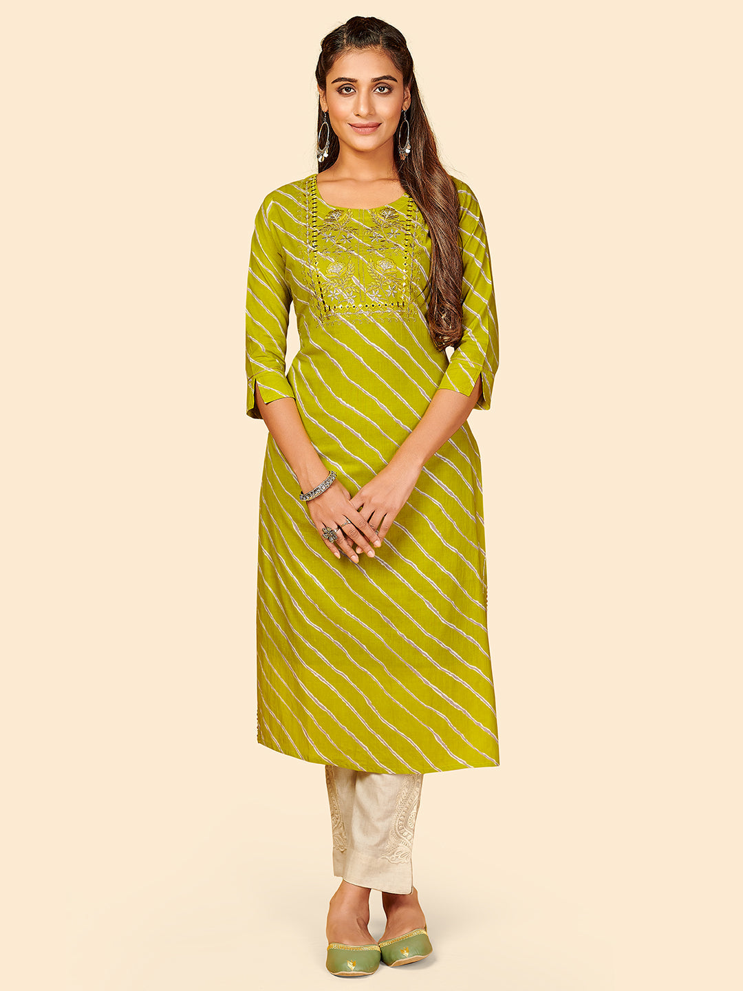 Women's Embroidered & Mirror Work Straight Cotton Parrot Green Stitched Kurta - Vbuyz