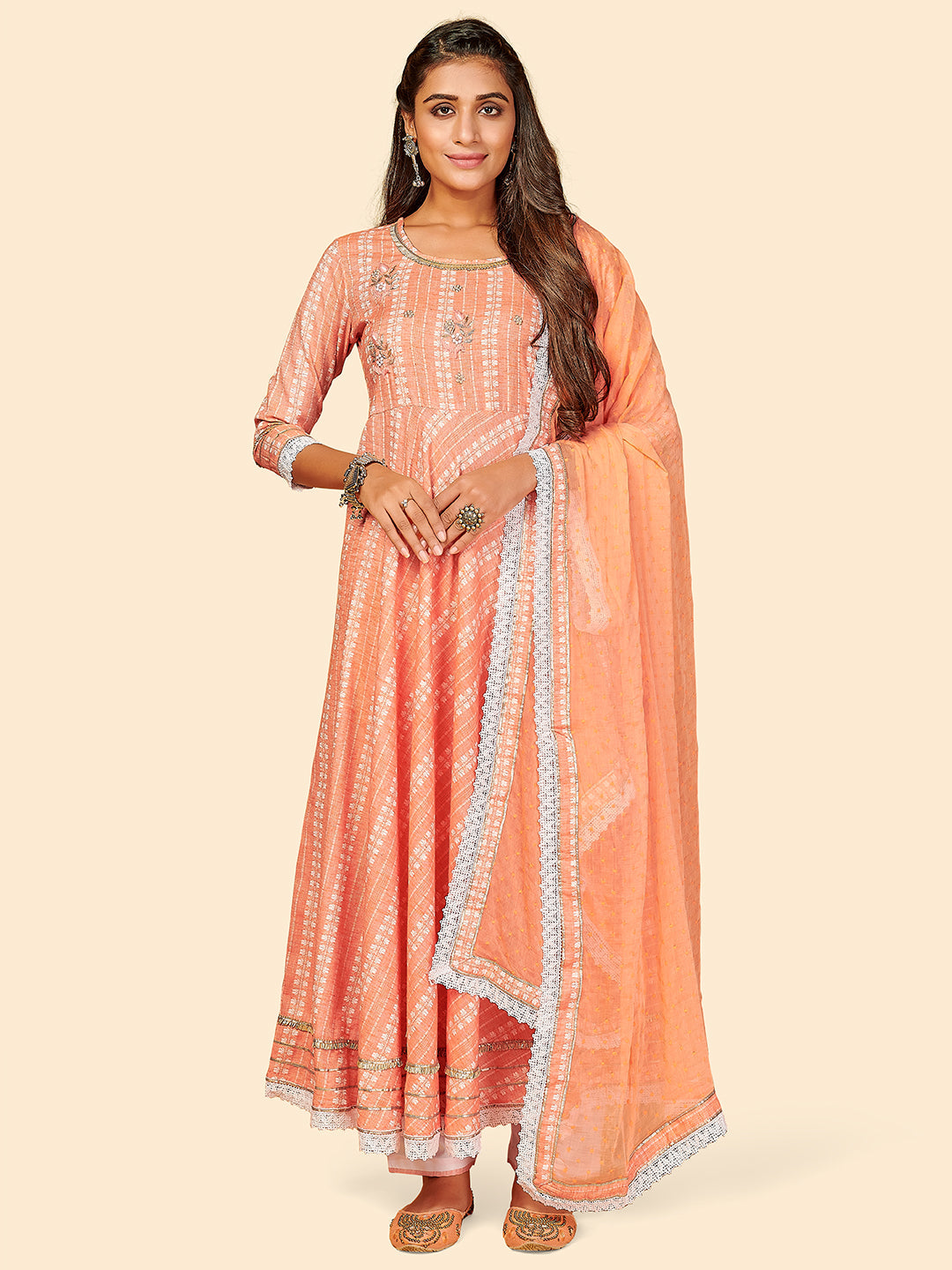 Women's Printed & Hand Work Anarkali Yarn Dyed Orange Stitched Kurta Pant With Dupatta - Vbuyz