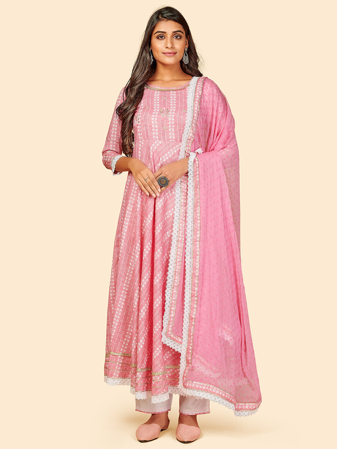 Women's Printed & Hand Work Anarkali Yarn Dyed Light Pink Stitched Kurta Pant With Dupatta - Vbuyz