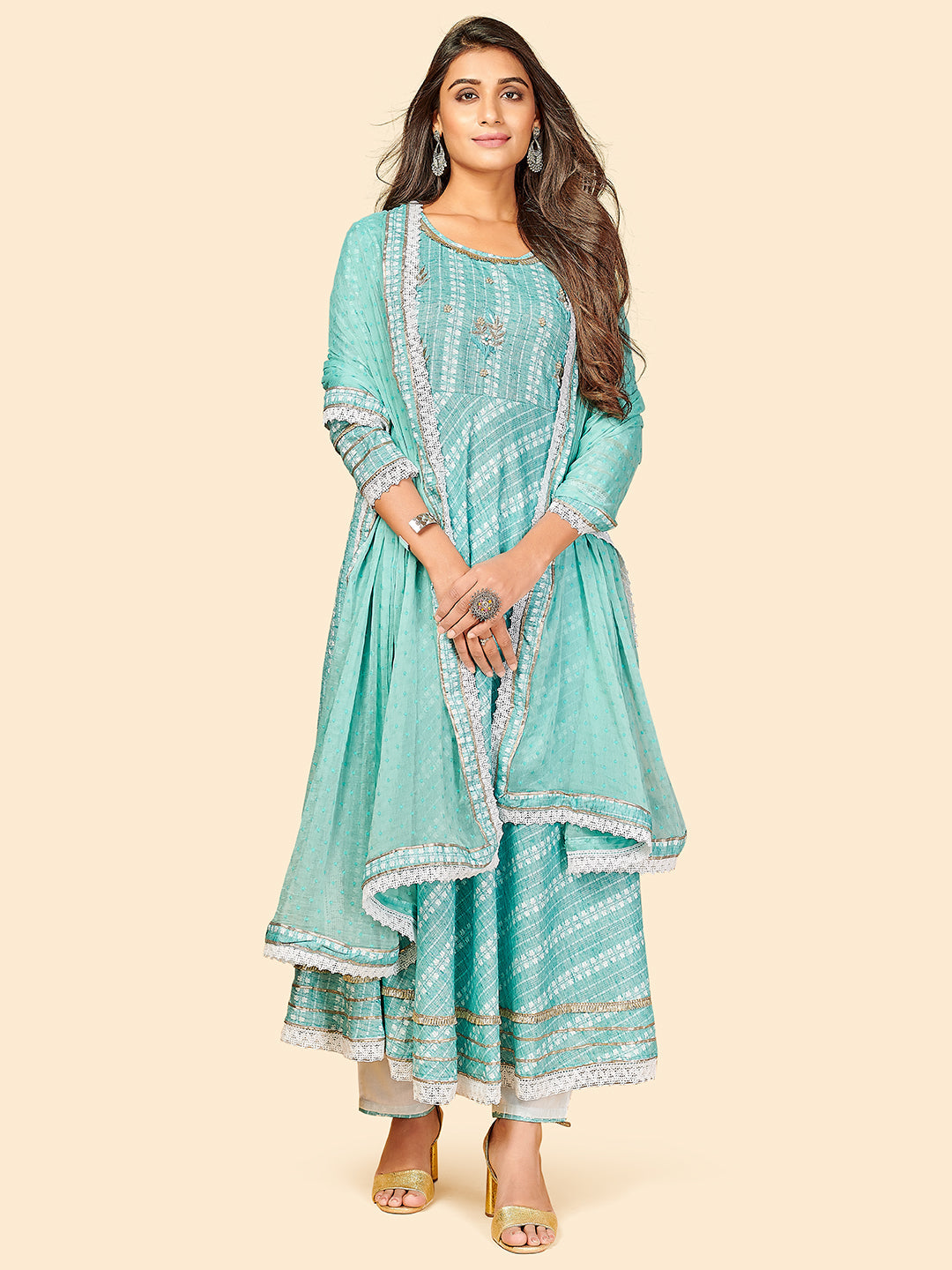 Women's Printed & Hand Work Anarkali Yarn Dyed Sky Blue Stitched Kurta Pant With Dupatta - Vbuyz