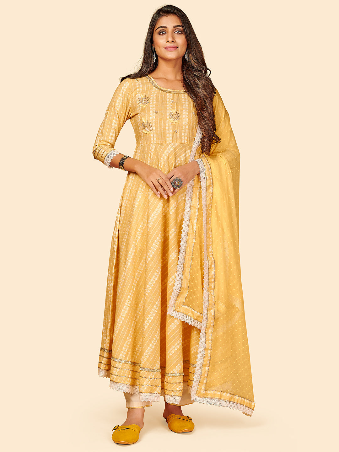 Women's Printed & Hand Work Anarkali Yarn Dyed Yellow Stitched Kurta Pant With Dupatta - Vbuyz