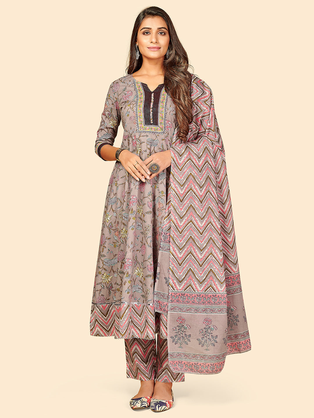 Women's Printed & Gotta Work Anarkali Cotton Grey Stitched Kurta Pant With Dupatta - Vbuyz