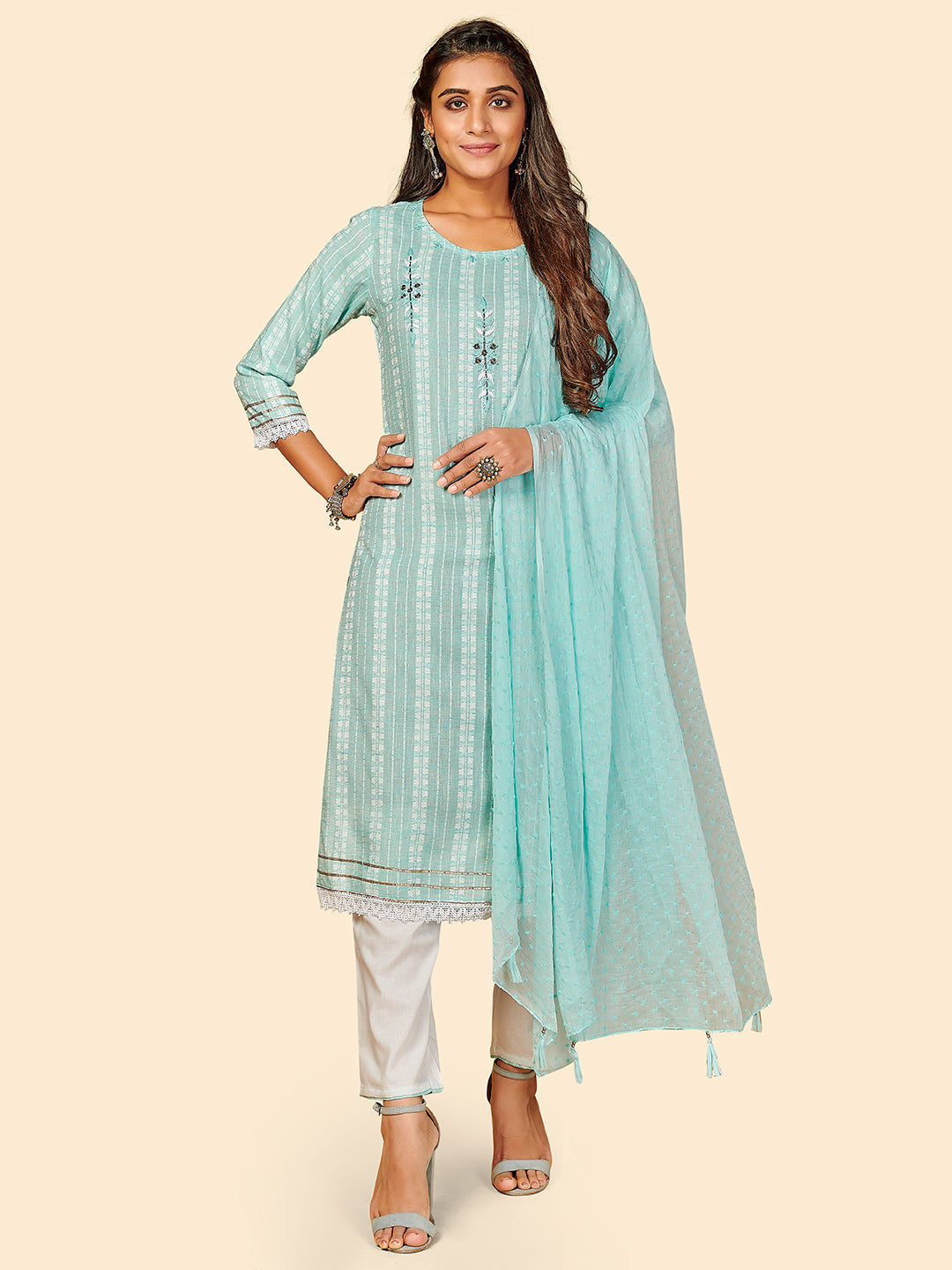 Women's Printed & Hand Work Straight Yarn Dyed Sky Blue Stitched Kurta Pant With Dupatta - Vbuyz