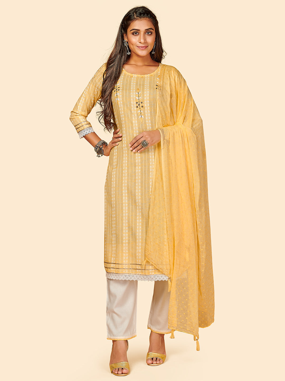 Women's Printed & Hand Work Straight Yarn Dyed Yellow Stitched Kurta Pant With Dupatta - Vbuyz