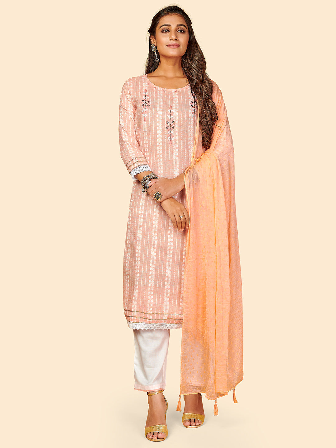 Women's Printed & Hand Work Straight Yarn Dyed Orange Stitched Kurta Pant With Dupatta - Vbuyz