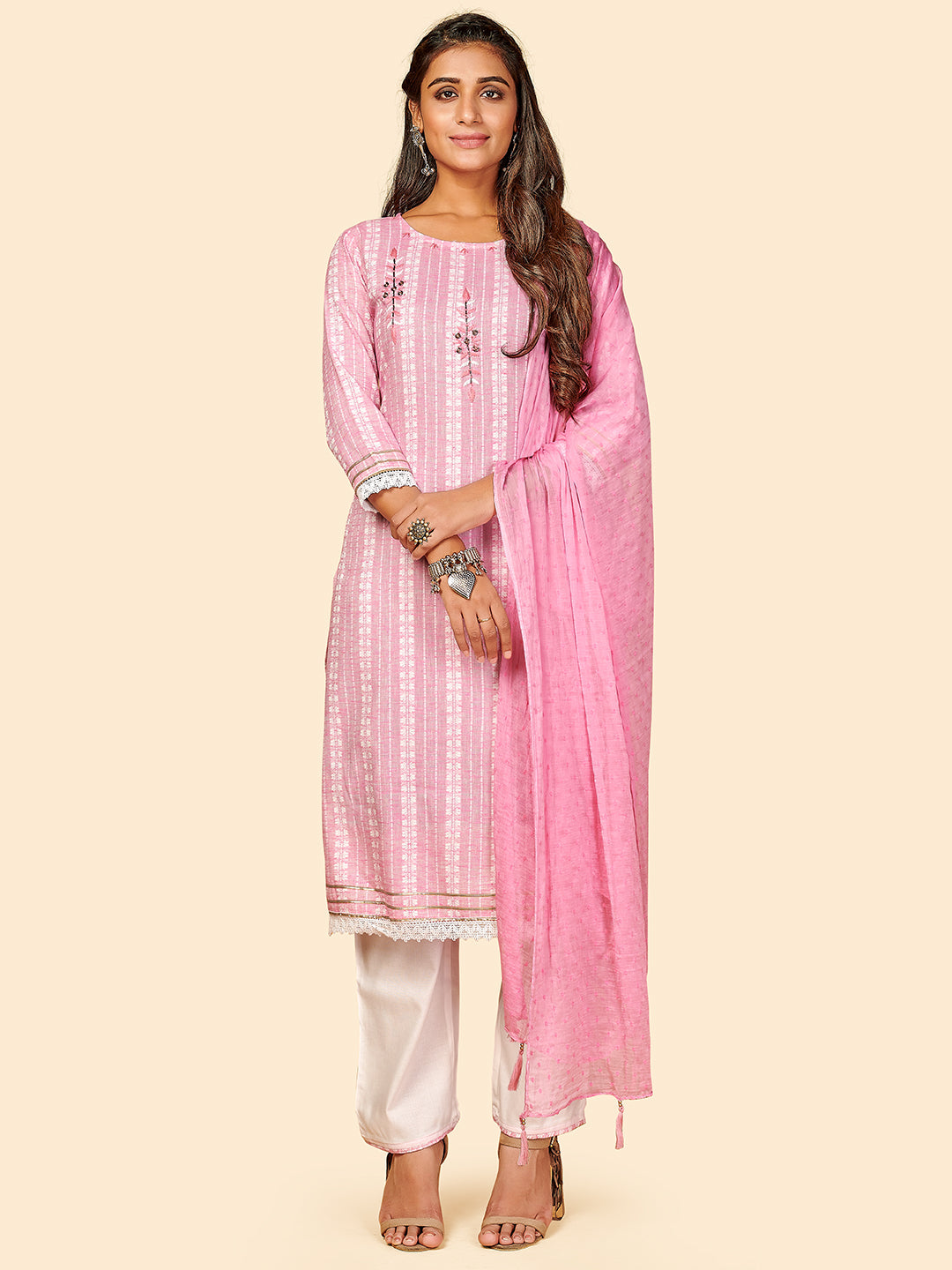 Women's Printed & Hand Work Straight Yarn Dyed Pink Stitched Kurta Pant With Dupatta - Vbuyz