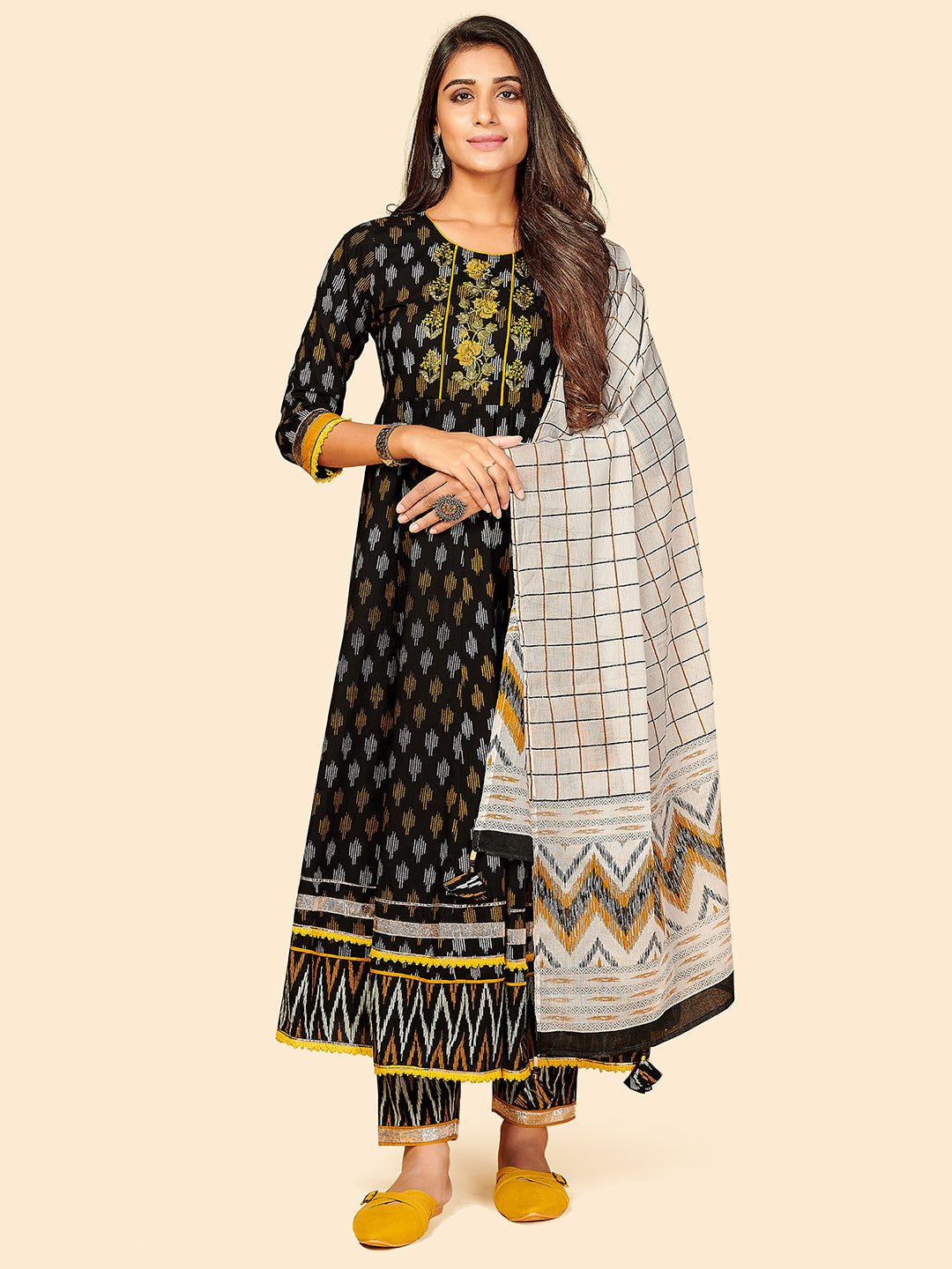 Women's Printed & Embroidered Anarkali Cotton Black Stitched Kurta Pant With Dupatta - Vbuyz