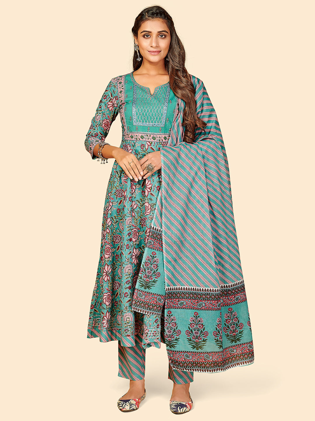 Women's Printed & Embroidered Anarkali Cotton Turquoise Stitched Kurta Pant With Dupatta - Vbuyz